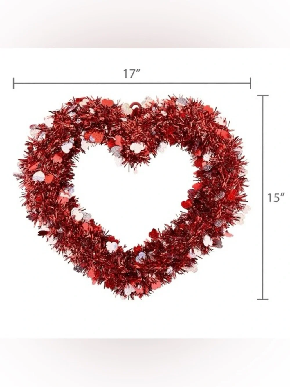 💞 New 15” Red Heart-Shaped Tinsel Holiday Wreath